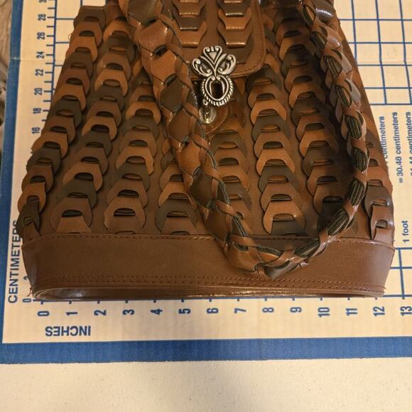 Braided Quality Leather Shoulder Bag Cognac Brown Retro Brushed Silver Closure - Picture 11 of 12